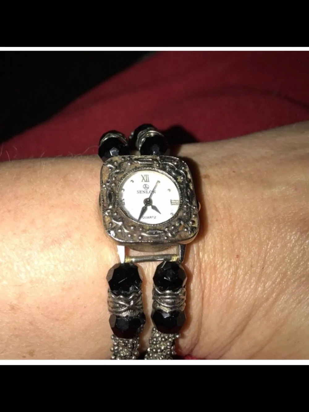 Vintage Senlon Women's Black Beaded Bracelet Watch with Ornate Silver-Tone Case